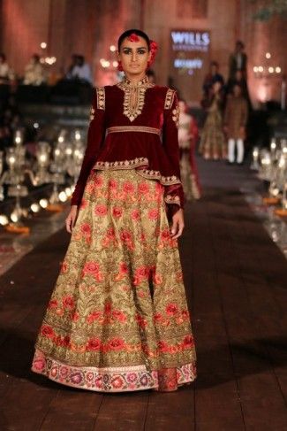 Photo of gold and maroon lehenga