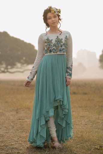 Photo of mint and jade irregular hemline chiffon pleated high low anarkali with churidar