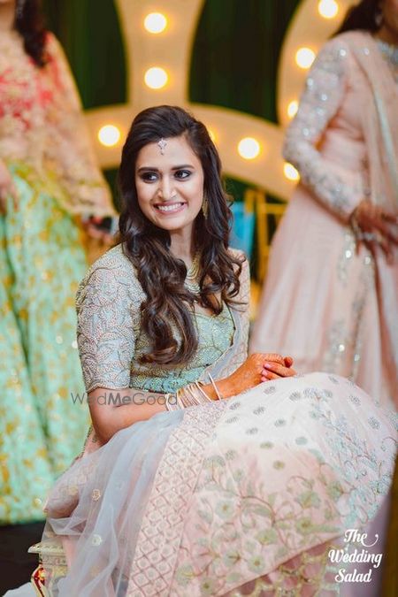 Photo of Pastel mint blue and blush pink engagement lehenga