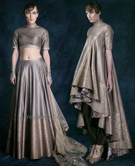 Photo of crop top metallic lehenga with metallic ombre skirt in grey and bronze