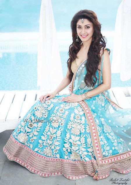 Photo of Light Blue Lehenga with Thread Work and Peach Border