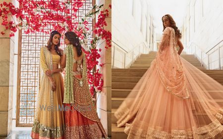 Photo of Pastel peach lehenga with train