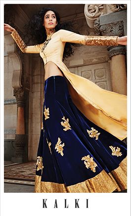 Photo of blue and gold velvet lehenga with cutout jacket