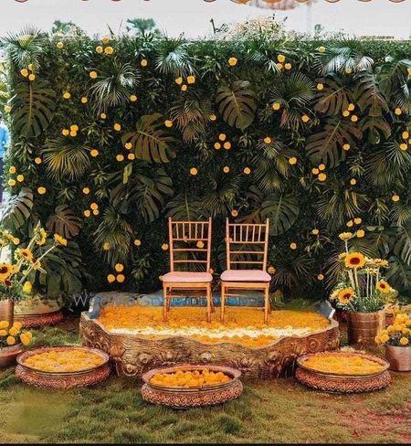 Photo of Haldi decor ideas with foliage backdrop