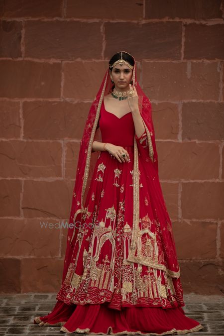 Photo of A lockdown-themed red anarkali lehenga.