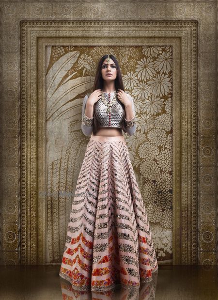 Photo of Light Pink and Grey Lehenga with Chevron Pattern