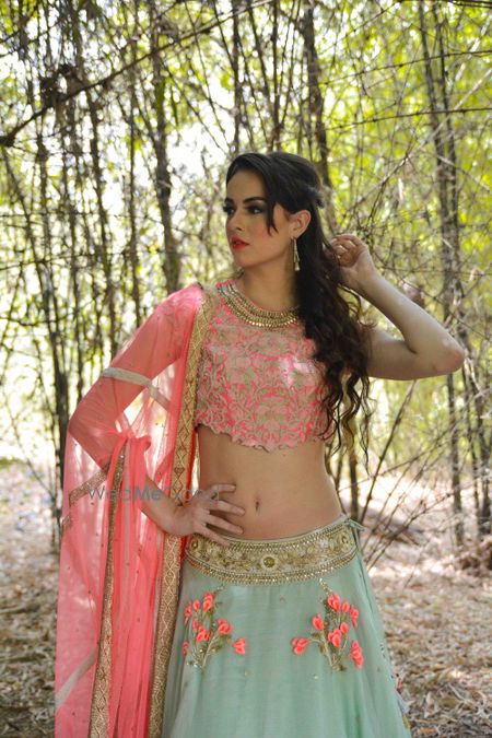 Photo of coral and grey lehenga