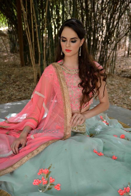 Photo of coral dupatta and lehenga