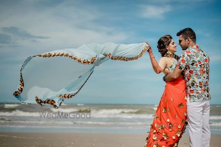 Photo of flowing dupatta pre wedding shot for mehendi