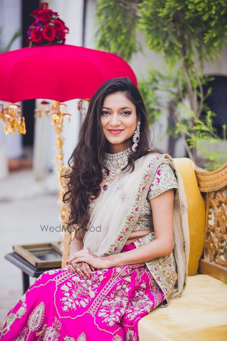 Photo of grey and fuschia color engagement lehenga