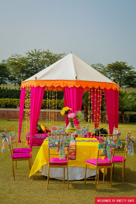 Yellow Wedding Decor Photo bright pink and yellow mehendi decor