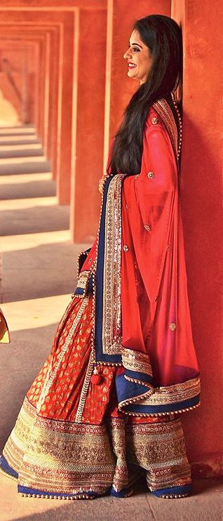 Photo of red banarsi lehenga with blue border