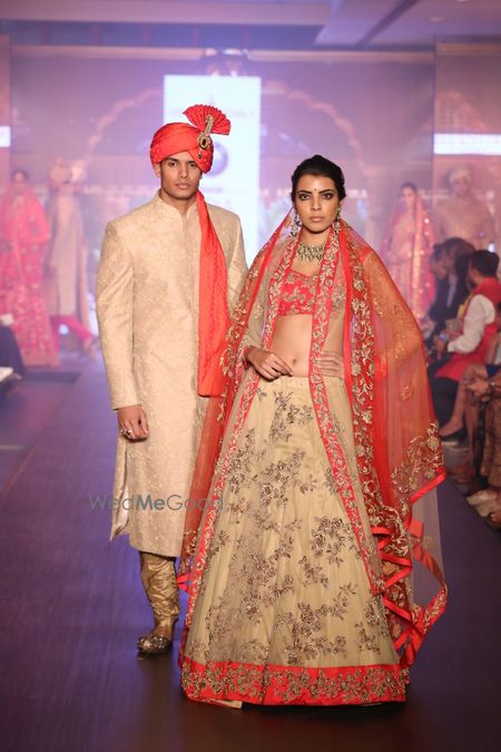 Photo of red and beige lehenga