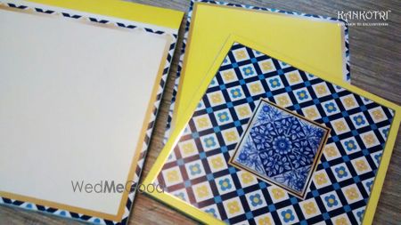 Photo of blue and yellow wedding card