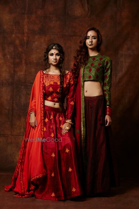 Photo of red lehenga. crop top lehenga. raw silk lehenga