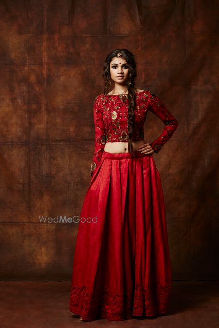 Photo of red lehenga. crop top lehenga. raw silk lehenga