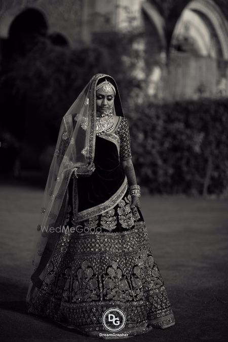 Photo of Timeless bridal portrait black and white with Sabyasachi lehenga