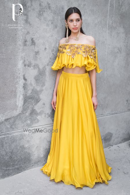 Photo of Beautiful plain off shoulder lehenga in yellow