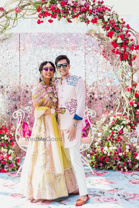 Photo of Bride and groom on engagement with pretty decor