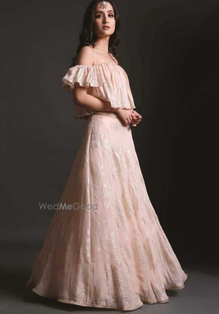 Photo of Engagement outfit soft pink lehenga with off shoulder blouse