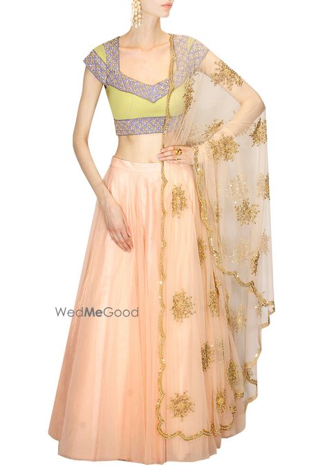 Photo of peach and lime green lehenga