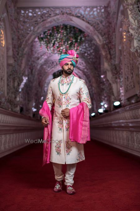 Photo of Pretty floral sherwani with pink and blue safa