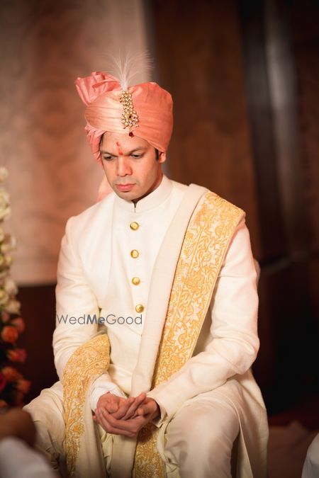 Photo of Off White and Gold Sherwani with Pink Safa