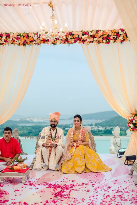 Photo of Couple portrait with bride in yellow lehenga