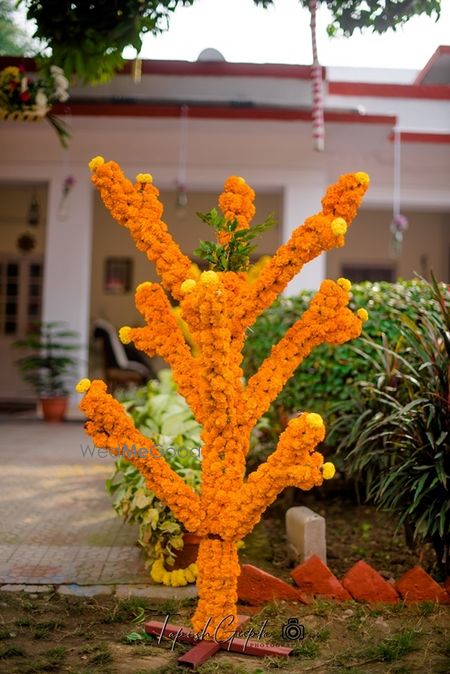 Photo of Statement decor with genda phool for haldi or mehendi