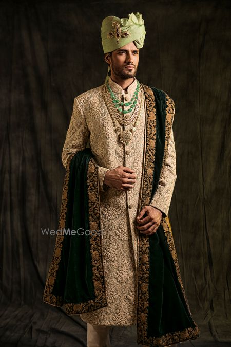 Photo of Cream Sherwani with Black Dupatta and Mint Pagdi