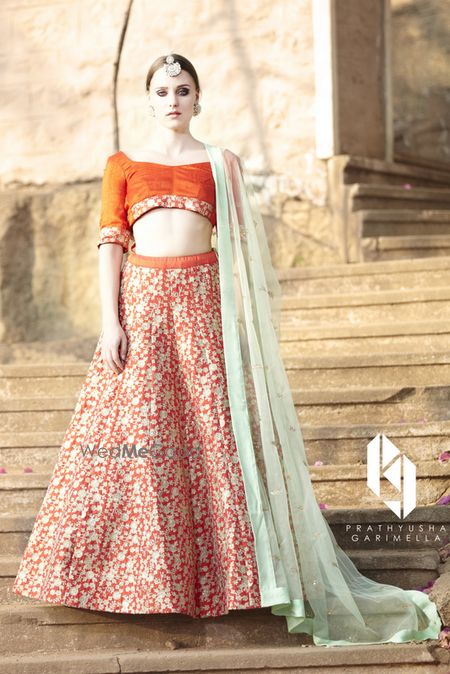 Photo of Orange and Silver Sequins Lehenga with Mint Dupatta