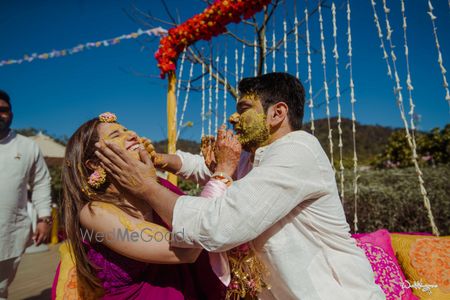 Photo of cute couple shot on haldi