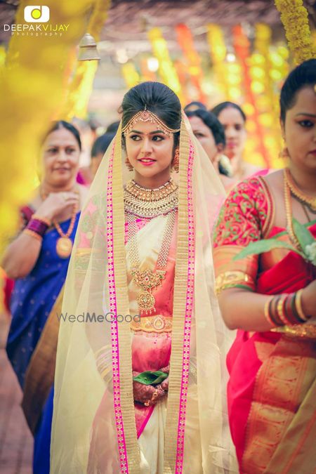 Photo of Fuchsia Pink Saree with Cream Dupatta