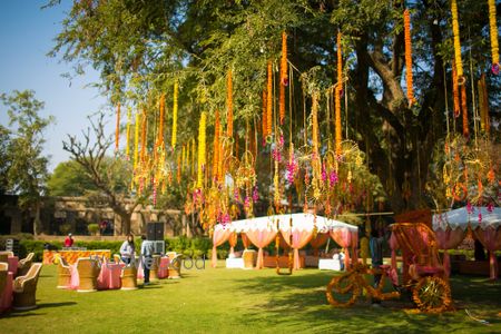 Photo of Pink and Gold Dream Catchers with Genda Phool Decor