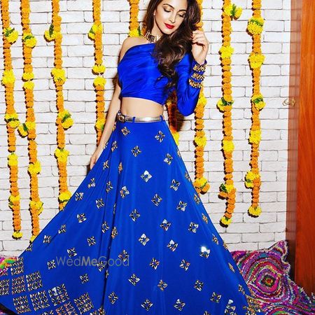 Photo of bright blue mehendi lehenga