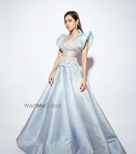 Photo of Light blue lehenga with a statement blouse.