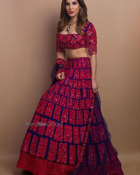 Photo of Fully embellished red and navy blue lehenga.