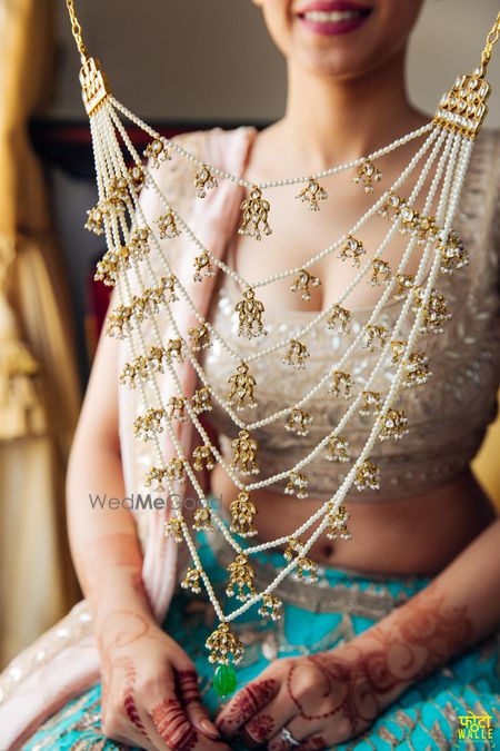 Photo of White and Gold Satlada with Pearls and Polki Work