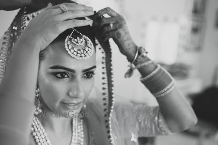 Photo of Bride Wearing Maangtikka Monochrome Shot