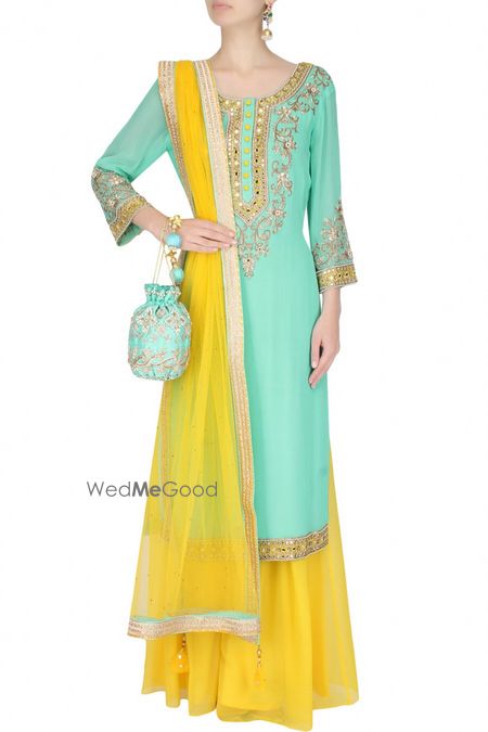 Photo of Mint Blue Kurta with Yellow Skirt