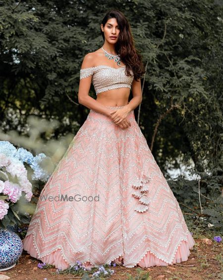 Peach Bridal Lehenga Photo off shoulder blouse