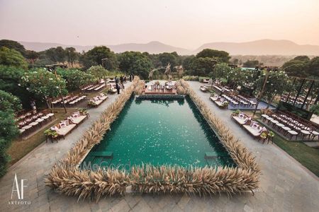 Photo of Drone shot of an open mandap in the middle of wilderness