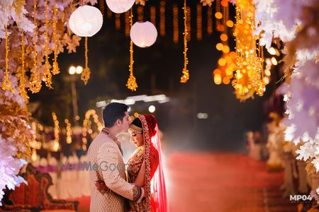 Photo of romantic wedding day couple portrait