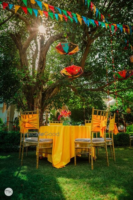 Photo of Yellow table settings and chair decor for an outdoor ceremony.