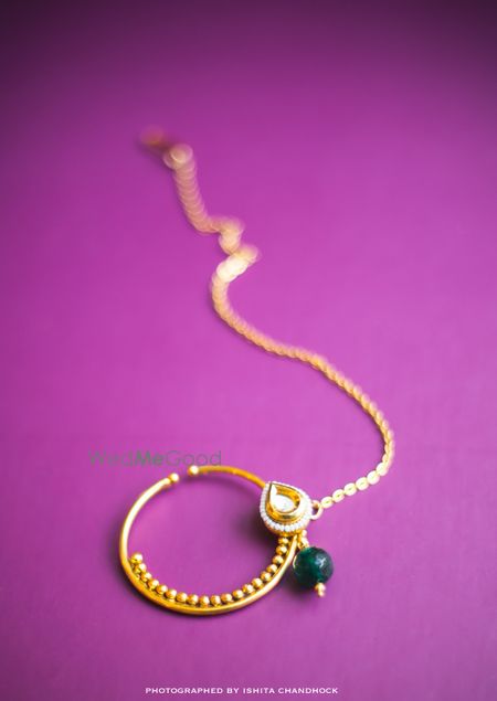 Photo of Dark Green and Gold Nath with Kundan Drop