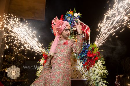 Photo of Groom Entering with Cart and Fireworks