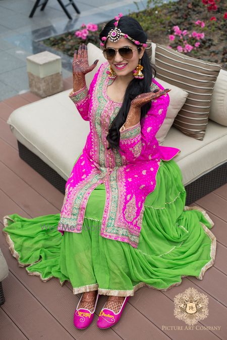 Photo of Bright Pink and Green Kurta and Lehenga for Mehendi