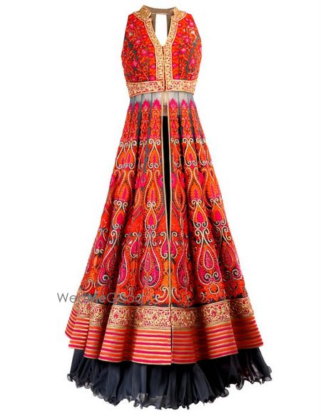 Photo of jacket lehenga in red with threadwork