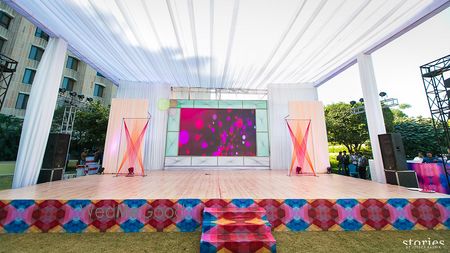 Photo of funky stage with LED backdrop and funky print in the front